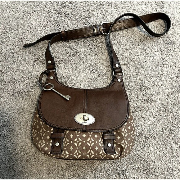 VTG Y2K FOSSIL Maddox Leather Tapestry Brown Crossbody Bag w/Key Charm Western - Picture 1 of 12